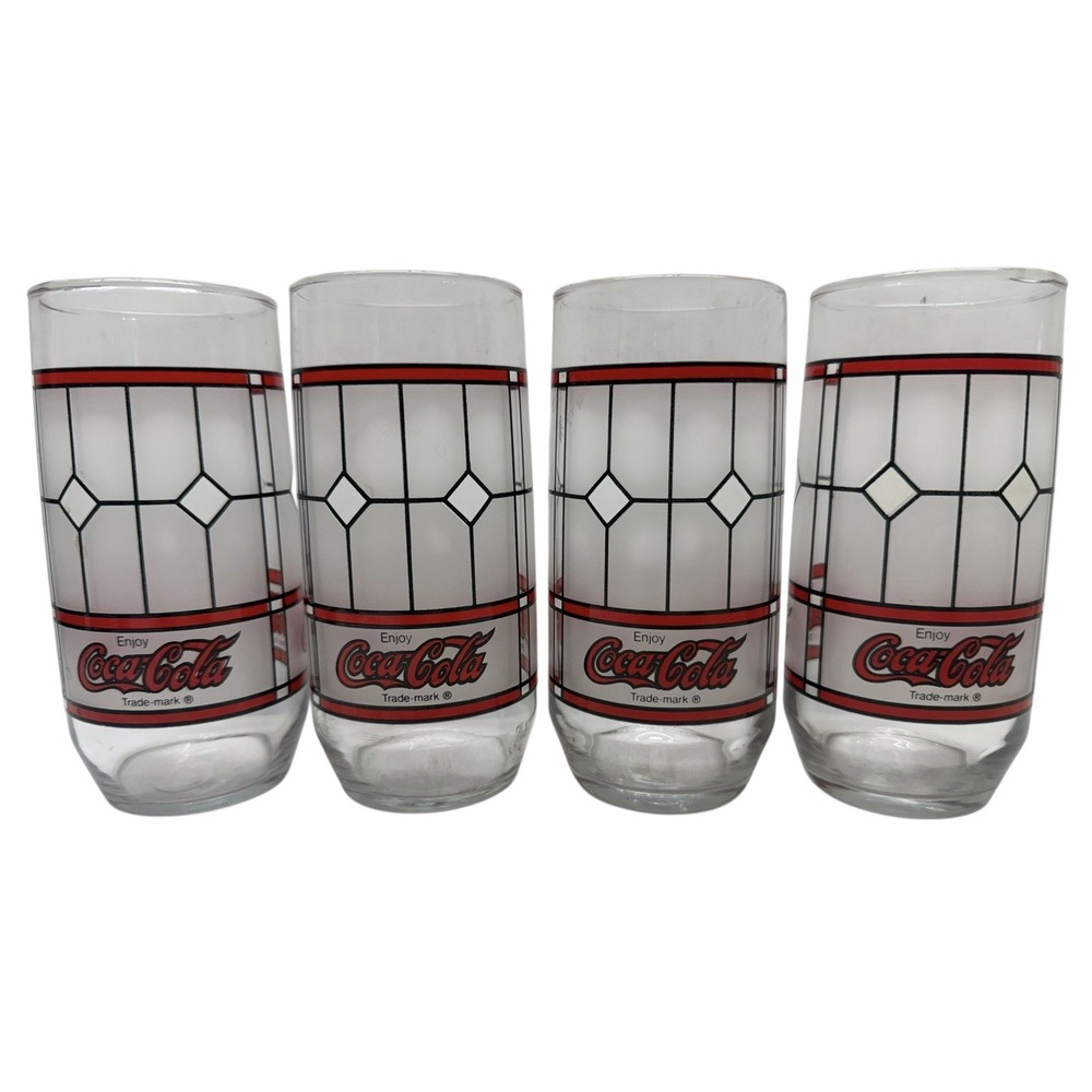 Vtg. Libbey Coca-Cola 6" Tiffany Style Frosted Stained Glass Glasses Set of‎ 3